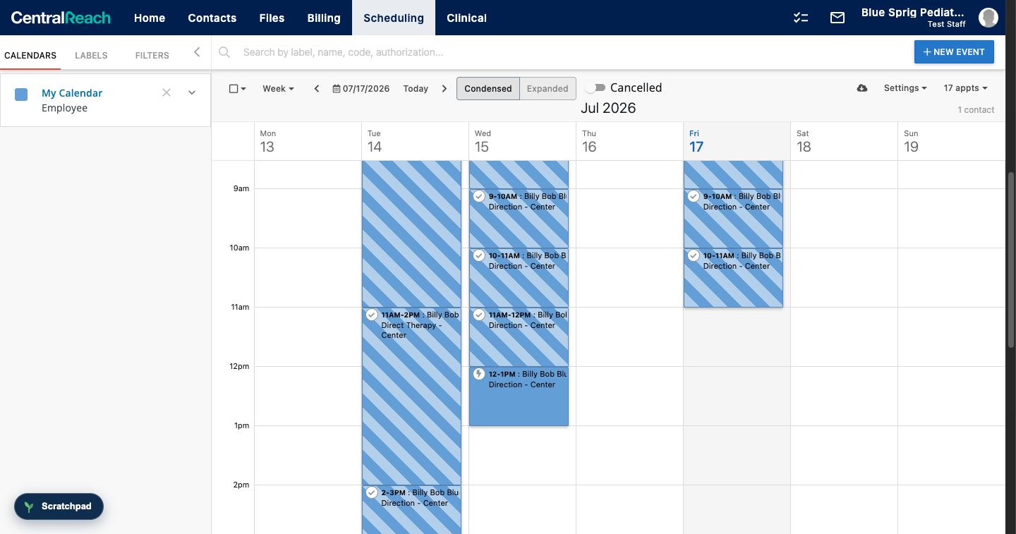 The scheduling calendar for the week, with converted appointments showing checkmarks and one unconverted appointment showing a lightning bolt