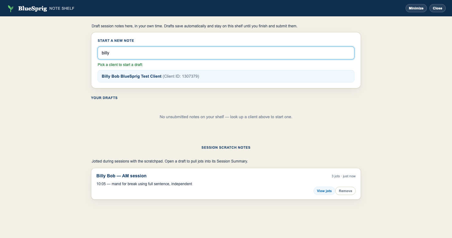 Client search results showing Billy Bob BlueSprig Test Client