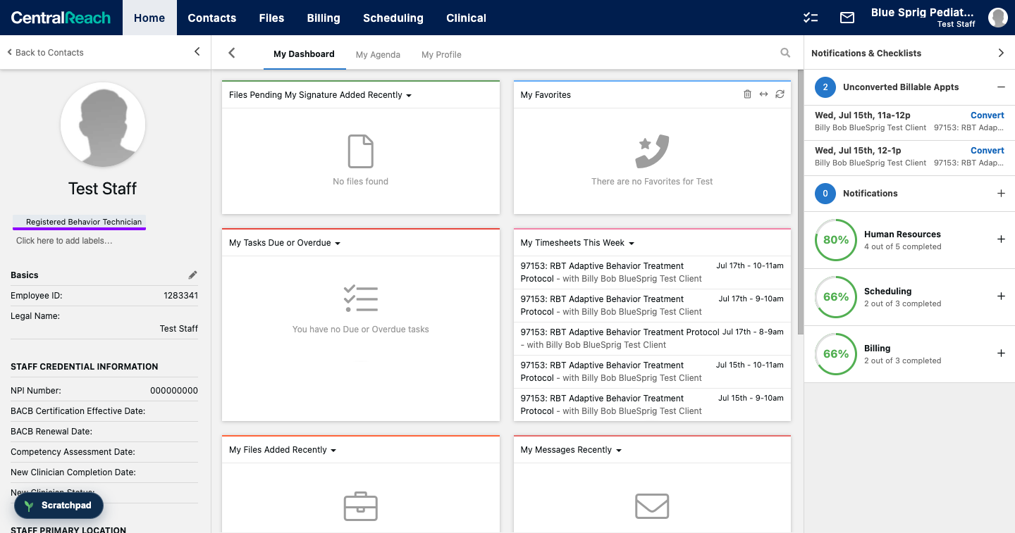 CR home page with the Unconverted Billable Appts panel open, each row showing a Convert link