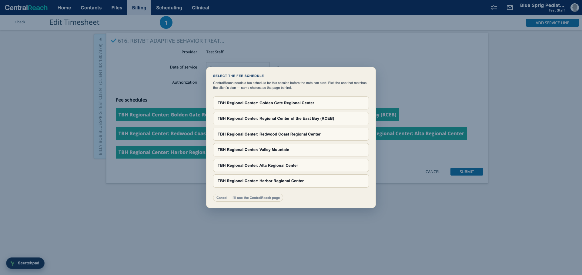 Fee schedule picker listing the Regional Center options over a 616 timesheet, with a cancel button