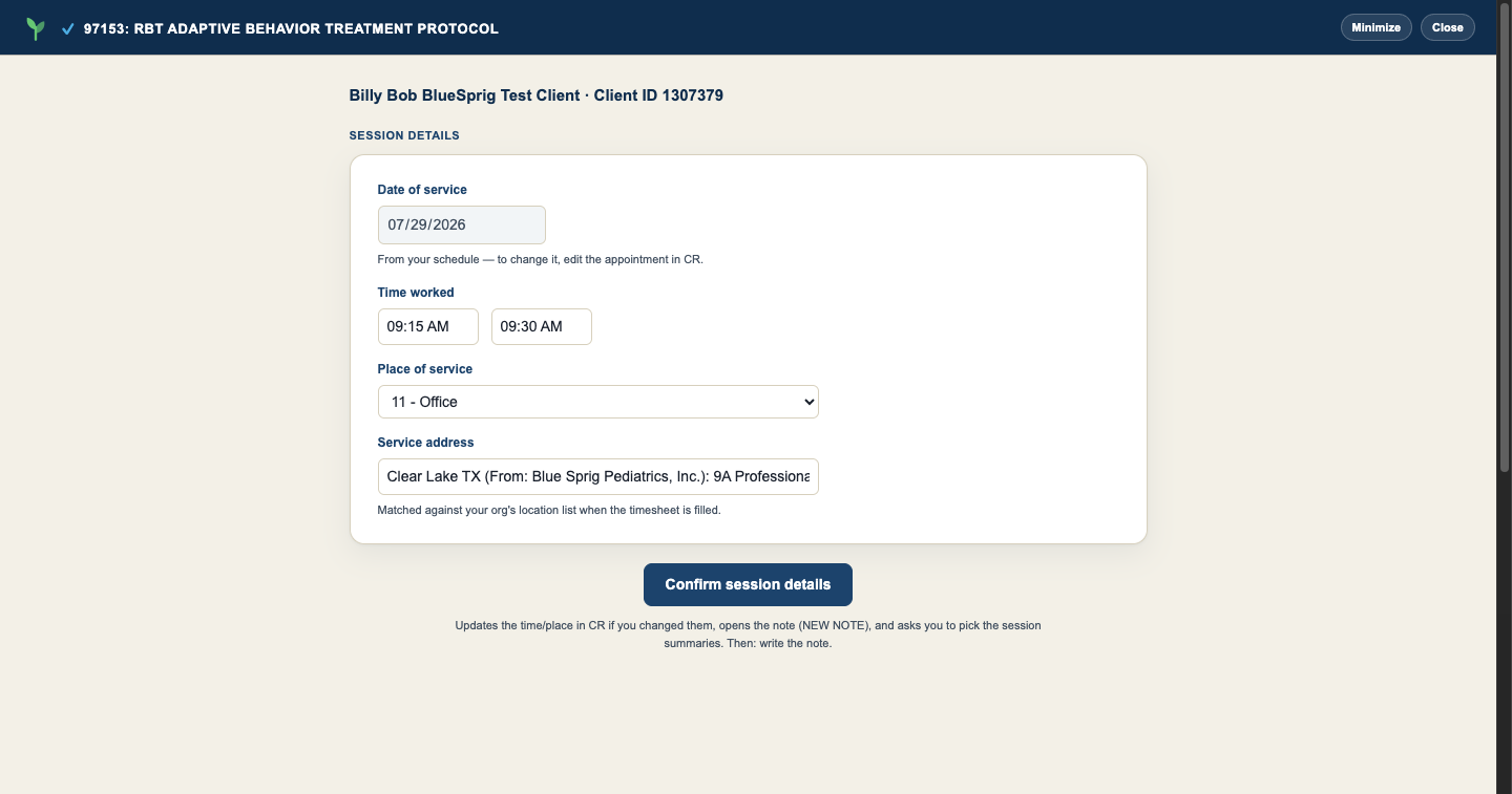 Draft Editor on the Session details step, pre-filled from the schedule, with a Confirm session details button