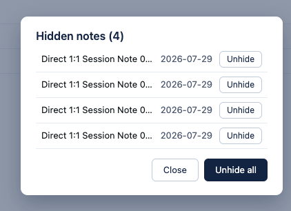 The Hidden notes dialog listing four hidden notes, each with an Unhide button, plus Close and Unhide all