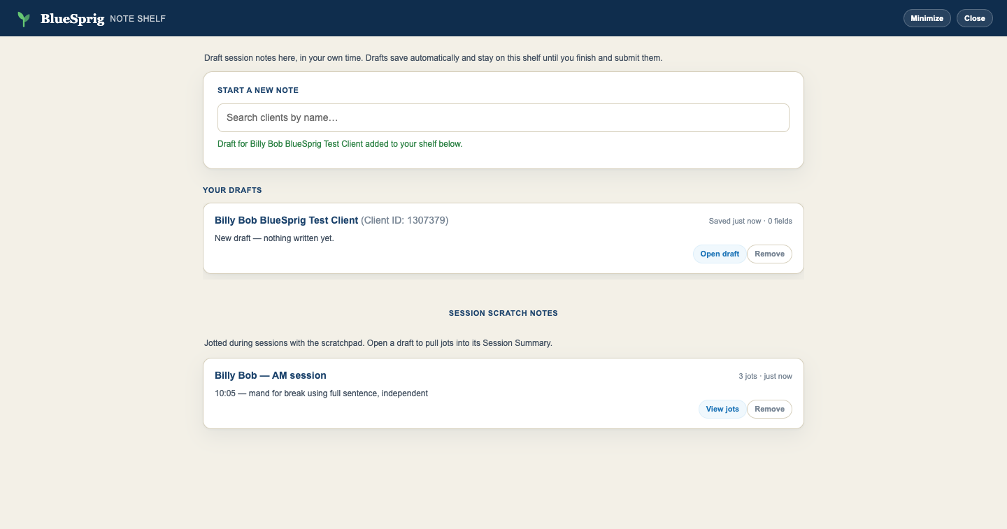 The shelf showing a saved draft with Open draft and Remove buttons