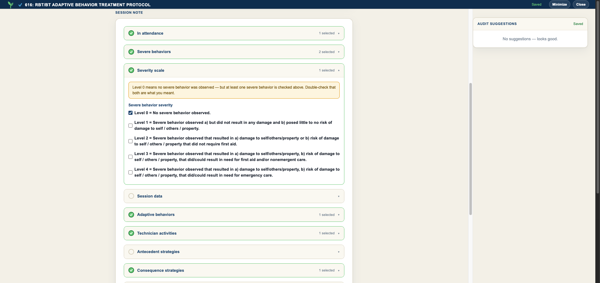 Severity scale section with Level 0 selected and an amber notice asking to double-check because a severe behavior is checked above